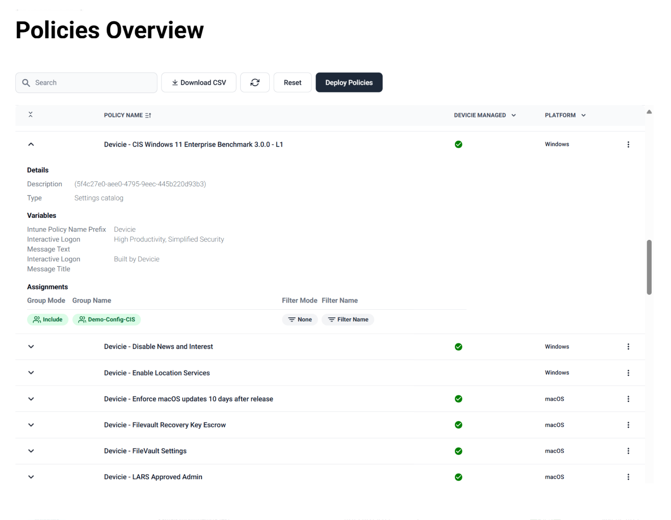 Policies Overview — a CIS Windows 11 benchmark policy under management, with its details, variables and assignments, beside the wider set of managed Windows and macOS policies.