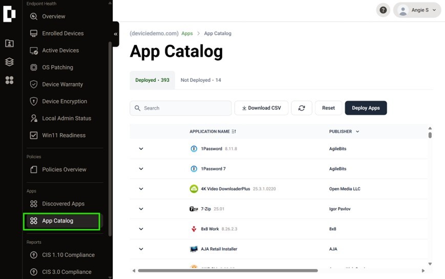 The application catalog — deployed and not-deployed applications with the version and publisher for each. Illustrative tenant.