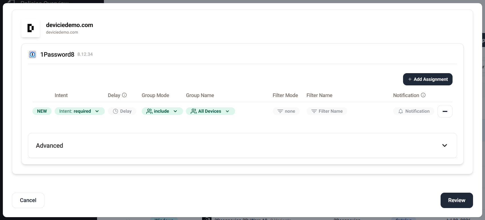 The assignment editor for one application — intent, delay, group mode, the groups it goes to, filters and notification, before review.