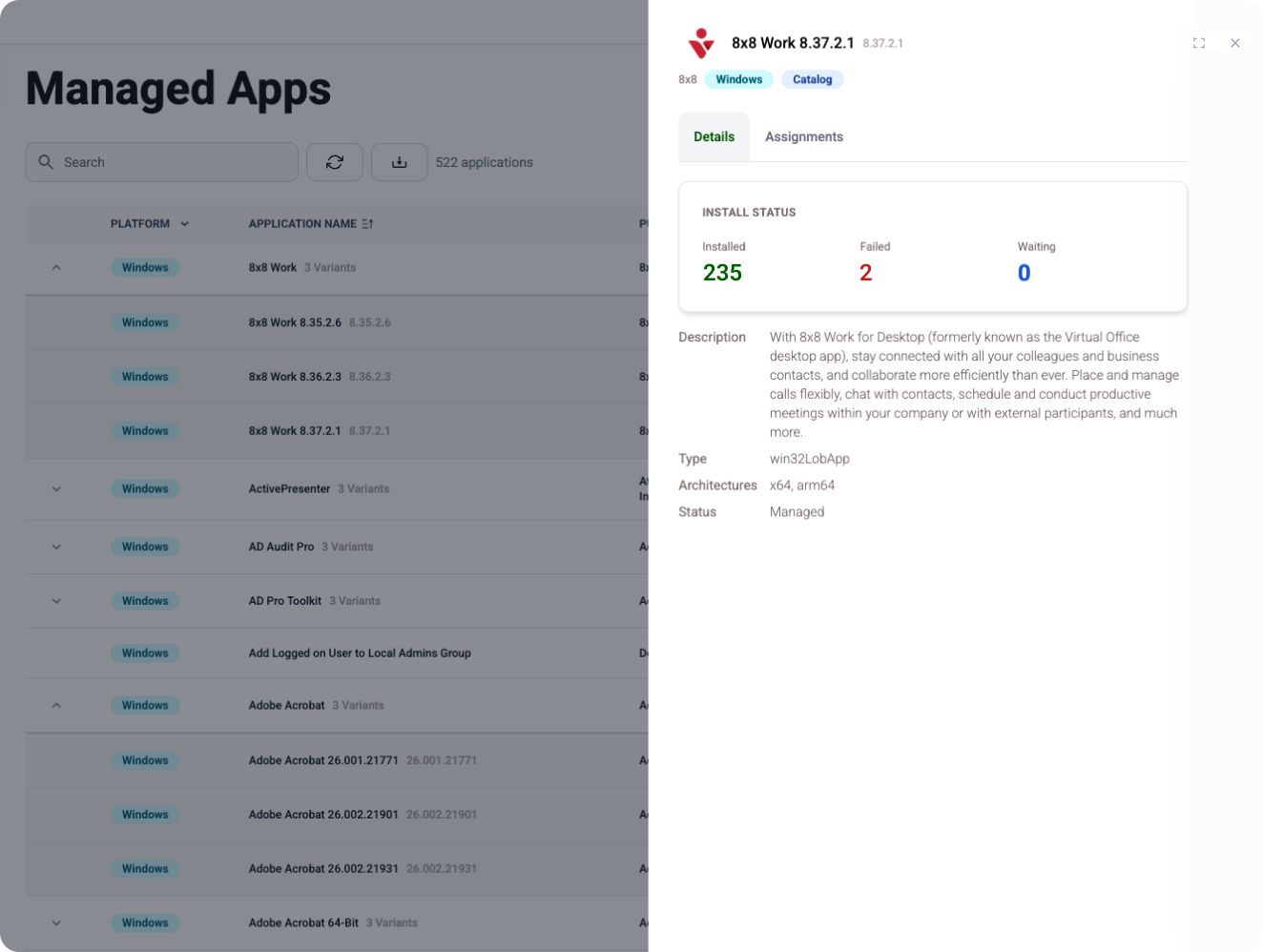 The application catalog with a maintained package open — its details and the assignment beneath: intent, delay, group mode, group, filter and notification setting.