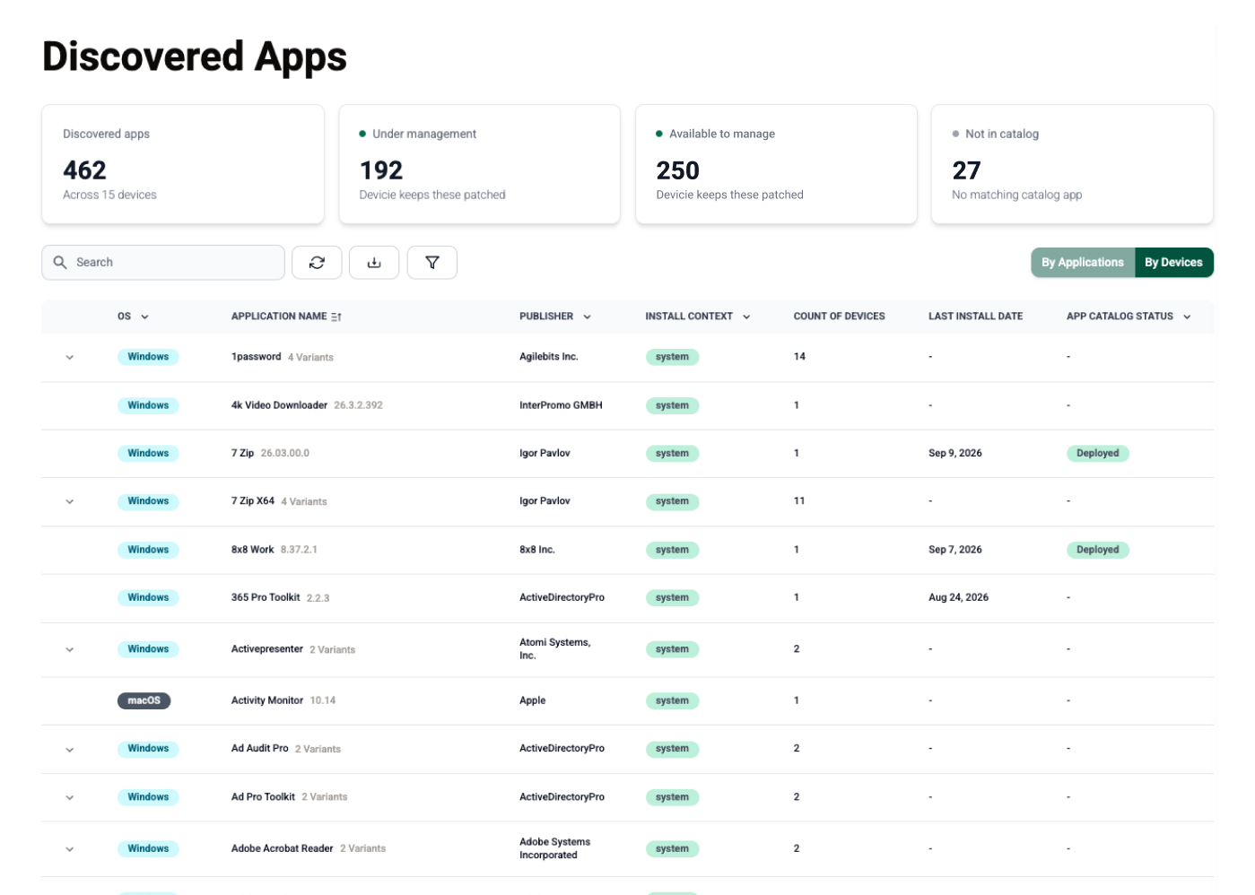 Manage Apps — deployed and not-deployed applications with publisher, version and last-updated date, and the detail drawer open on one application. Illustrative tenant.