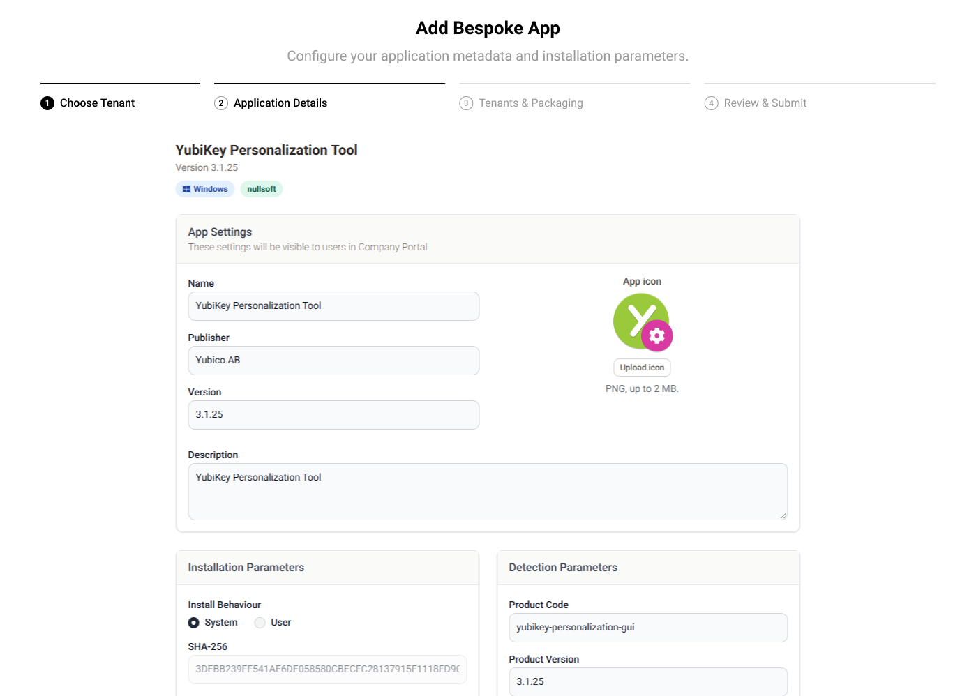 Submitting a bespoke application — publisher, version, install behavior, silent install arguments and detection parameters, before review.