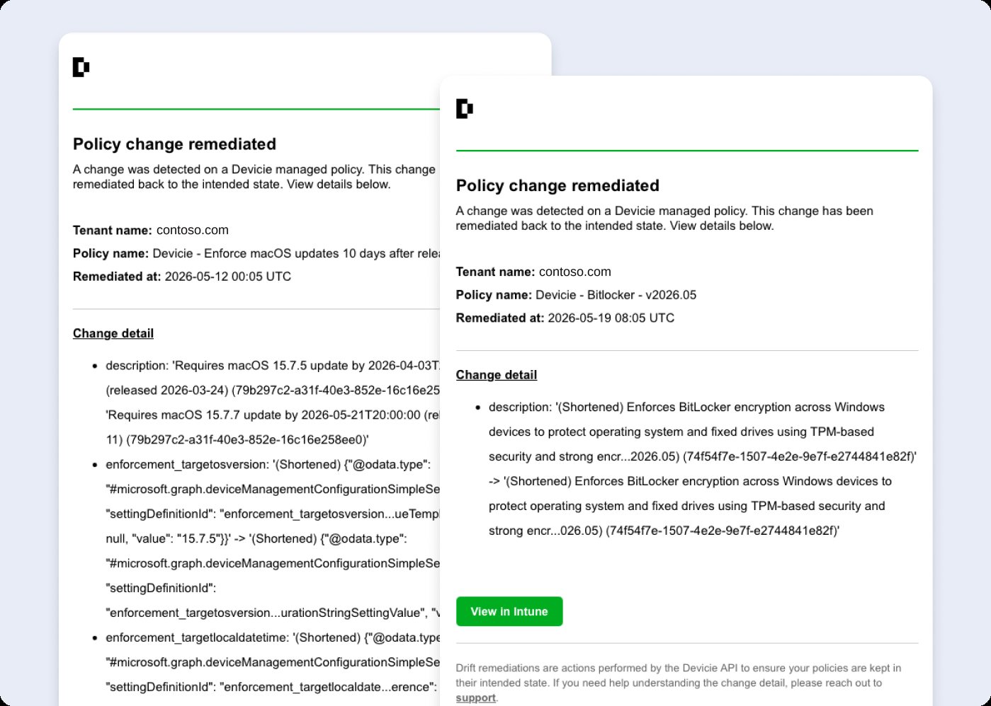 Drift notifications: a managed policy moved away from its agreed state and was restored, with the change detail recorded. Illustrative tenant.