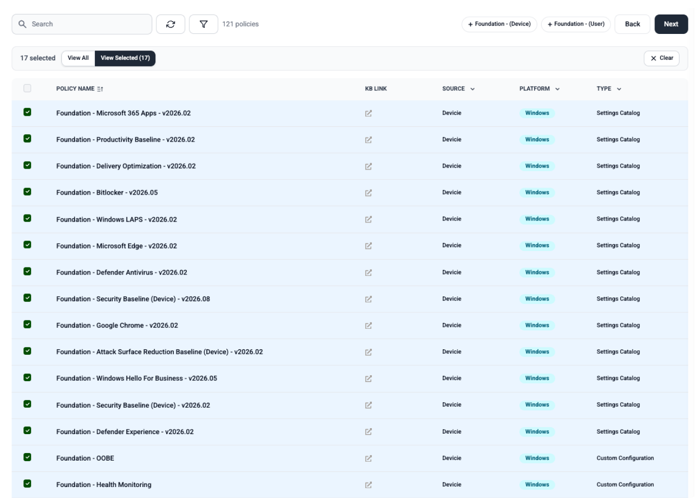 Deploy Policies — the tenant's policies under management, selected as a set, with each policy's purpose beside it before assignments and review.