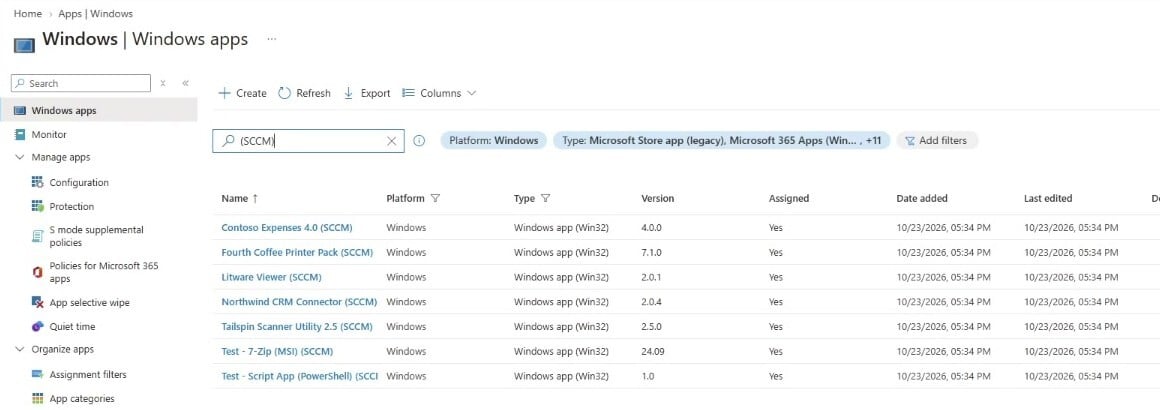 Intune admin center, Windows apps list showing seven migrated apps tagged (SCCM)